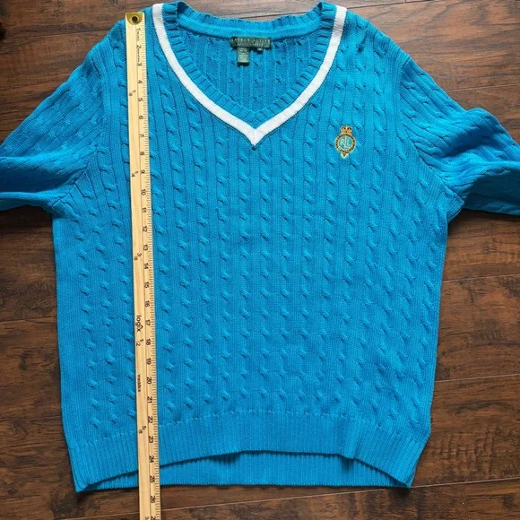 Ralph Lauren Active Cotton V-neck Preppy Cable Knit Sweater - Picture 8 of 12